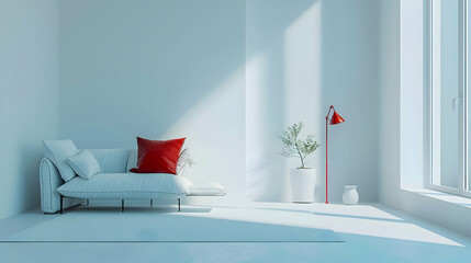 A serene white room adorned with bursts of vibrant crimson and teal, infusing the minimalist space with a sense of artistic vibrancy