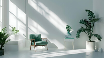A serene white room adorned with bursts of vibrant jade and indigo, infusing the minimalist space...