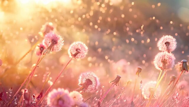 Dandelions with pink sunset light and bokeh. Close-up nature shot. Summer and tranquility concept for background and wallpaper