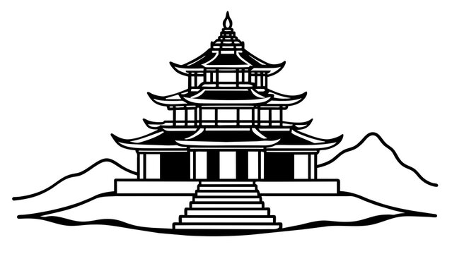 black and white pagoda on mountain clip art preview