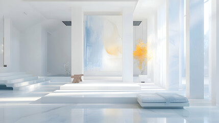 A serene white room punctuated by bursts of vibrant indigo and marigold, creating a dynamic and visually stimulating atmosphere within the minimalist space - obrazy, fototapety, plakaty