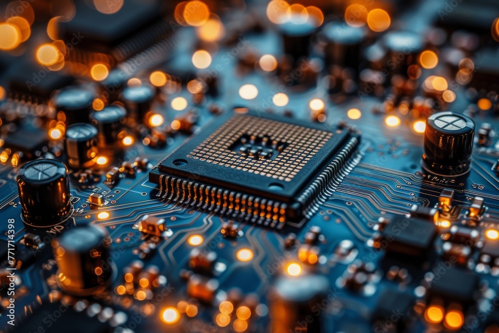 Poster a highly detailed image displaying the complexity of electronics with a focus on a central microchip