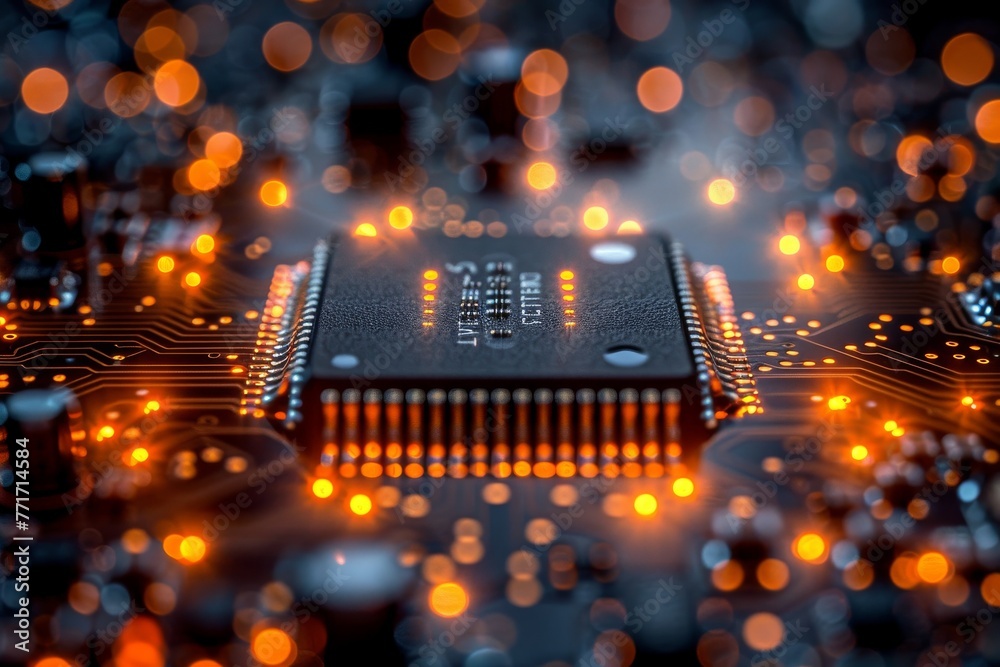 Poster close-up image of a glowing microchip circuit board highlighting the advanced technology and micro-e