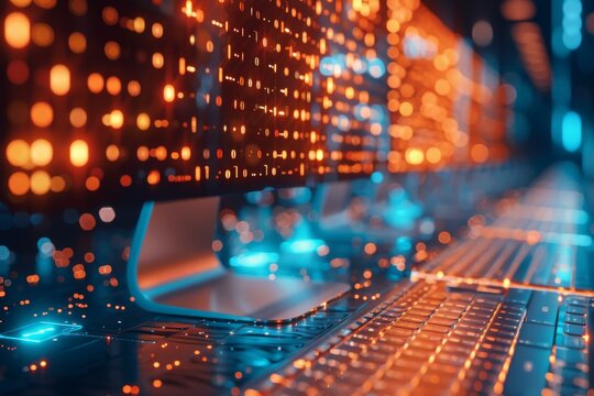 This image captures the source of interaction with digital technology through a backlit keyboard with a cool blue tone