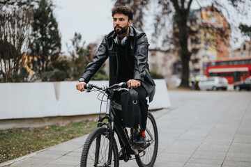 Fototapeta premium A young male business entrepreneur rides a bike while wearing a smart leather jacket and headphones, illustrating eco-friendly commuting.
