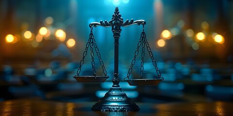 Scales of Justice in a dimly lit courtroom symbolizing equality and the law. Concept Legal justice, Courtroom drama, Equality, Law enforcement, Dim lighting - obrazy, fototapety, plakaty