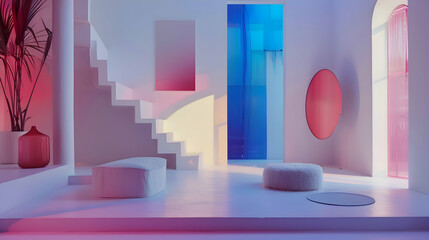 A serene white room punctuated by bursts of vivid cobalt and fuchsia, creating a captivating fusion of simplicity and artistic vibrancy - obrazy, fototapety, plakaty