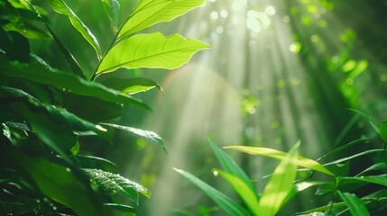  The sun illuminates green foliage on a bright tropical day, casting light through a lush plant