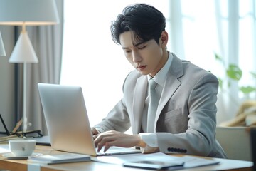 young korean man sitting with her laptop in workspace
