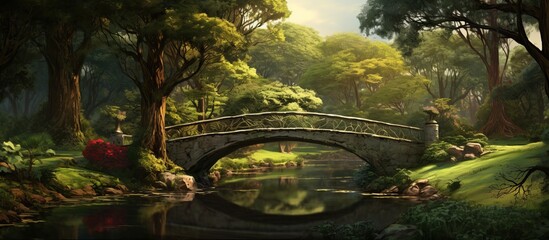A bridge spans over a tranquil river, surrounded by lush trees and natural landscapes. The asphalt road contrasts with the green grass and plants growing on the soil