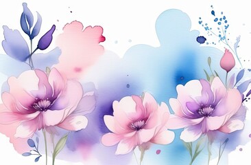 Pastel pink and purple spring flowers, painted in watercolor style, create a romantic background with space for text.