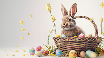 Fototapeta na wymiar Cute Easter Bunny with A Basket of Easter Eggs Easter Holiday Happy Easter Aspect 16:9