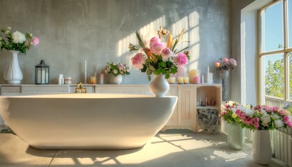 Tranquil Retreat: White Bathtub Adorned with Fresh Flowers in Vases on Countertop