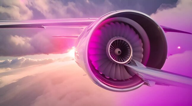 Zooming into an airplane turbine engine mid-flight Aerial view of a plane showing the spinning blades of the motor