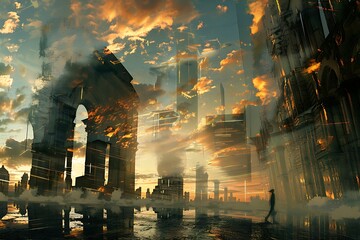: A scene in a dream, with warped and distorted reflections of fantasy buildings - obrazy, fototapety, plakaty