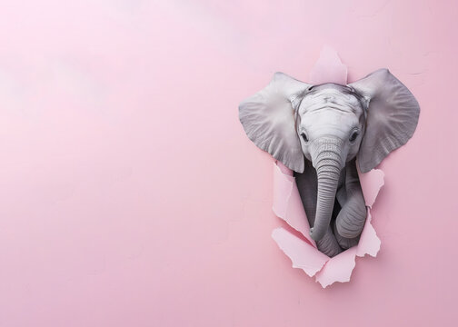 A baby elephant peeking out of a hole in the pastel pink wallpaper