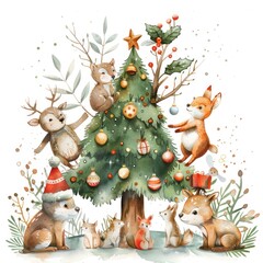 Pastel watercolor Christmas tree, cartoon woodland creatures decorating