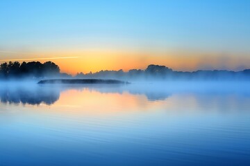 : A serene lake at dawn, with mist rising from the water