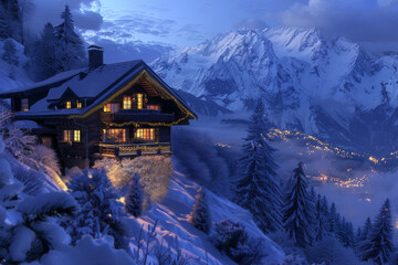 A mountain chalet among fir forest in ski resort in the Christmas night. Winter holiday cottage decorated with garlands of Xmas lights. - obrazy, fototapety, plakaty