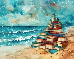 A pastel watercolor scene of a library by the sea, with books spilling out onto the sand
