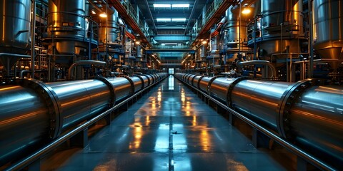 Steel Tanks and Pipes in a Hydrogen Production Facility. Concept Industrial Equipment, Hydrogen Production, Steel Tanks, Pipes, Facility