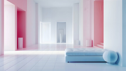 A serene white space punctuated by bursts of vibrant fuchsia and azure, infusing the minimalist sanctuary with a sense of playful sophistication - obrazy, fototapety, plakaty