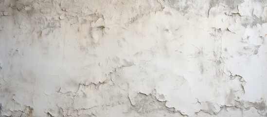 A closeup of a white wall with peeling paint resembling the texture of snow during a freezing winter event, revealing layers of liquid, concrete, and rock underneath