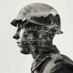 Illustration of a 1930 British soldier in profile, with images of the 1940 war, the occupation of France, Normandy, superimposed on his face from the waist up ,3d render