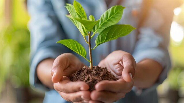 Hands holding a young plant in soil. Concept of growth, care, sustainability, and environmental protection for design and print.