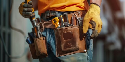 Close up of a maintenance worker with tool kits on the waist standing in front of rough wall, portrait of man at work.