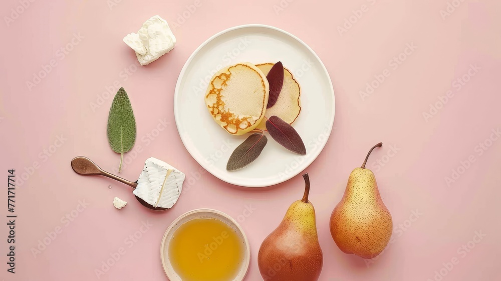 Poster  A white plate with a cake, tea, and pear on a pink background