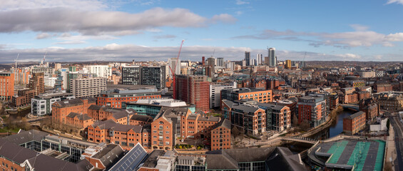 Aerial panorama of Leeds city centre and The Leeds to Liverpool canal