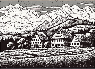 Vector rural landscape illustration. Hand drawn russian countryside poster. Sketch of village peasants house