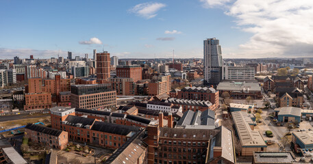 Aerial panorama of redeveloped old warehouses in a Leeds cityscape skyline