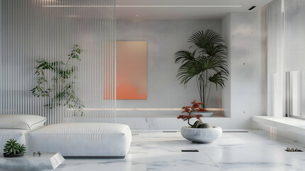 A serene white space punctuated by bursts of vivid jade and coral, infusing the minimalist sanctuary with a sense of playful sophistication - obrazy, fototapety, plakaty