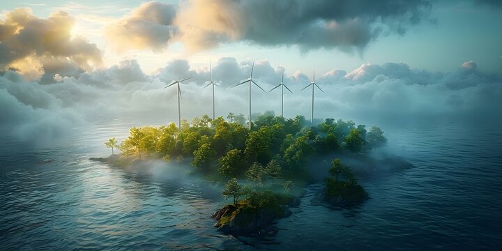 3D artwork of renewable energy sources on a cloudy day by the sea promoting sustainability and clean environment. Concept Renewable Energy, 3D Artwork, Sustainability, Clean Environment, Ocean View