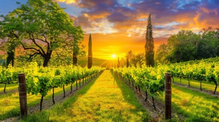  A sunset vineyard painting with trees in the foreground and sun set behind it