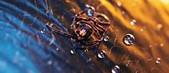 close up view of spider with water drops background