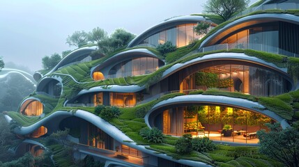 Biophilic design architecture with lush greenery. Curvilinear eco-friendly building enveloped in plants. Concept of biophilic design, sustainable living, green innovation, and natural aesthetics.