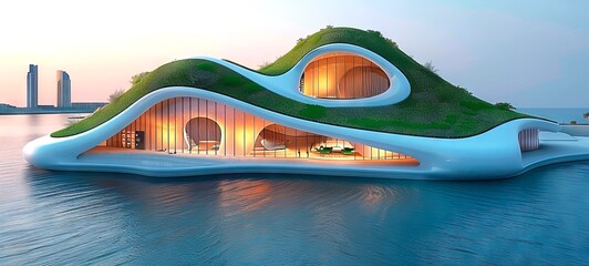 Modern waterfront architecture with green roof at dusk. Organic-shaped building on the water's edge. Concept of futuristic design, waterside living, sustainable architecture, and evening ambiance. - obrazy, fototapety, plakaty