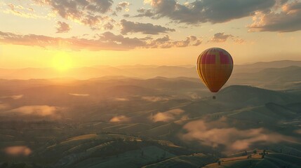 A hot air balloon ascending at sunrise over rolling hills 