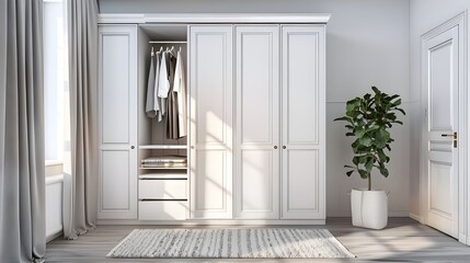 white wooden wardrobe in minmalist style interior design of modern bedroom. Generated AI	