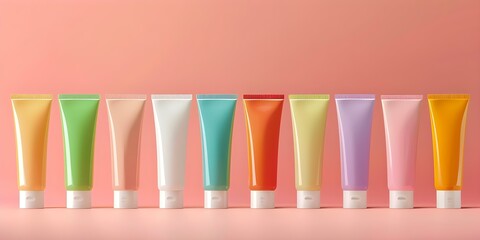 Realistic mockup of colorful cosmetic tubes with blank caps for ointment gel serum or lip gloss in Korean packaging. Concept Korean Packaging Design, Cosmetics Mockup, Colorful Tubes - obrazy, fototapety, plakaty