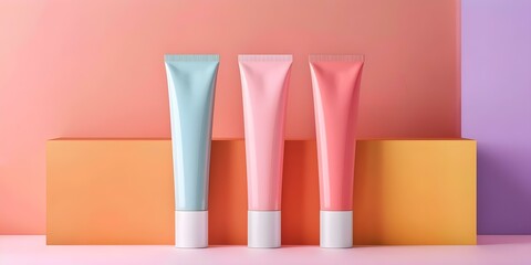 Realistic Mockup of Colorful Cosmetic Tubes with Blank Caps in Korean Packaging for Ointment, Gel, Serum, or Lip Gloss. Concept Cosmetic Packaging, Mockup Design, Korean Style, Colorful Tubes - obrazy, fototapety, plakaty