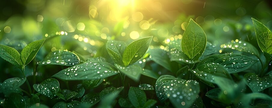 Dew-Kissed Dawn in a Forest of Green Herbs: A Macro Perspective