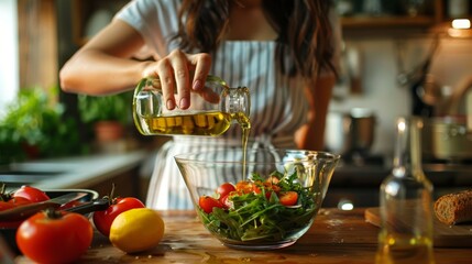 Naklejka premium Unrecognizable young woman pouring olive oil in a healthy salad bowl in the kitchen at home