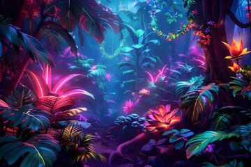 Neon-Lit Digital Jungle Teeming with Vibrant Glowing Flora and Otherworldly Radiance