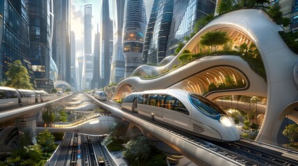 Futuristic Transportation Hub Envisioned with Organic Architecture and Sustainable Technology in a Vibrant Urban Cityscape