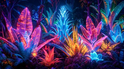 Fototapeta premium Radiant Neon Jungle:An Abstract Digital Art of Flora in a Vibrant,Otherworldly Setting