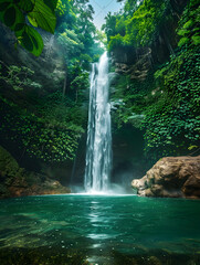 A breathtaking vertically composed image captures a hidden waterfall plunging into a serene pool within a vibrant jungle - obrazy, fototapety, plakaty